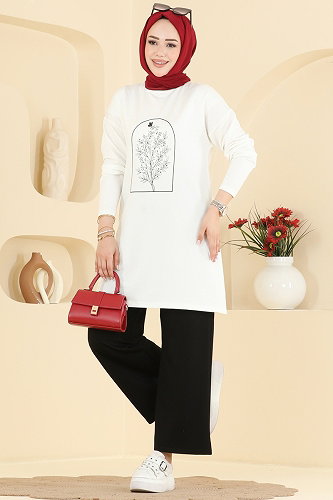 moda selvim Baskı Detaylı 2 li Takım 2802AYD574 Ekru&Siyah - Thumbnail