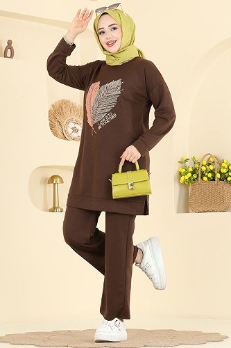 moda selvim Baskı Detaylı İki İplik Takım 8040UZ662 Kahve - Thumbnail
