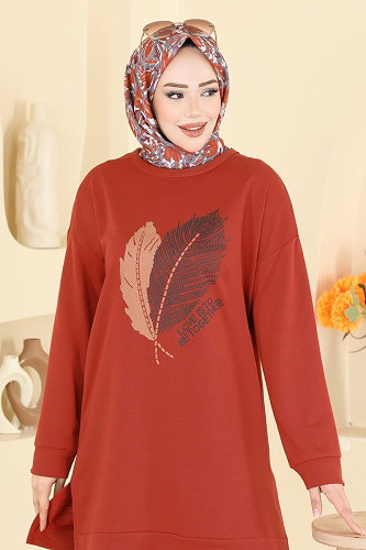 moda selvim Baskı Detaylı İki İplik Takım 8040UZ662 Kiremit - Thumbnail