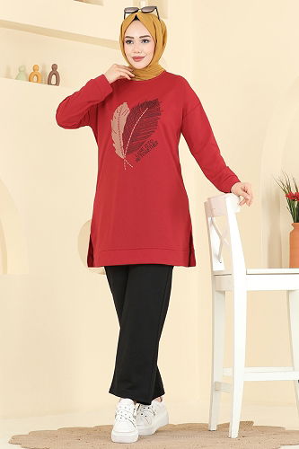 moda selvim Baskı Detaylı İki İplik Takım 8040UZ662 Kırmızı&Siyah - Thumbnail