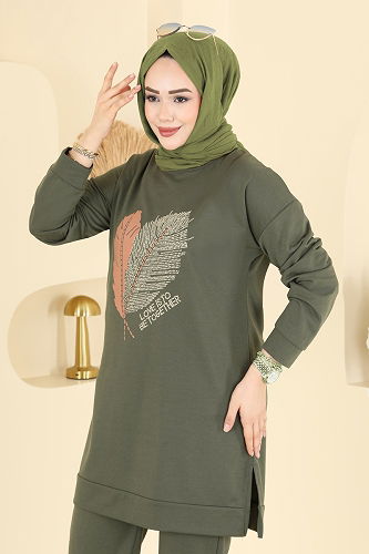 moda selvim Baskı Detaylı İki İplik Takım 8040UZ662 Koyu Haki - Thumbnail