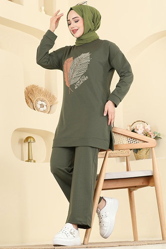 moda selvim Baskı Detaylı İki İplik Takım 8040UZ662 Koyu Haki - Thumbnail