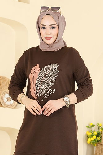 moda selvim Baskı Detaylı İki İplik Takım 8040UZ662 Koyu Kahve - Thumbnail