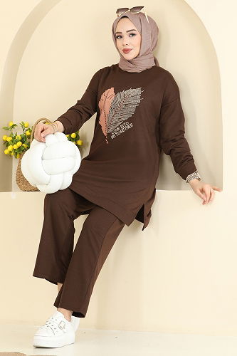 moda selvim Baskı Detaylı İki İplik Takım 8040UZ662 Koyu Kahve - Thumbnail