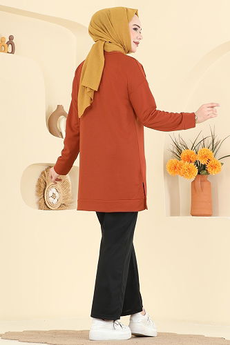 moda selvim Baskı Detaylı İki İplik Takım 8040UZ662 Koyu Kiremit - Thumbnail