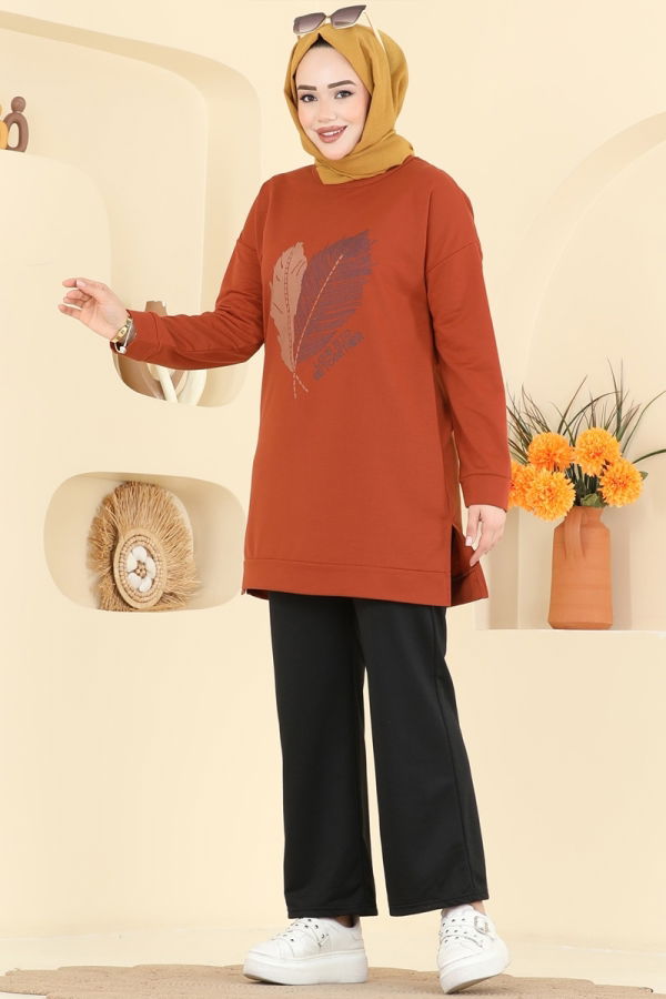 Modaselvim Kombin Baskı Detaylı İki İplik Takım 8040UZ662 Koyu Kiremit