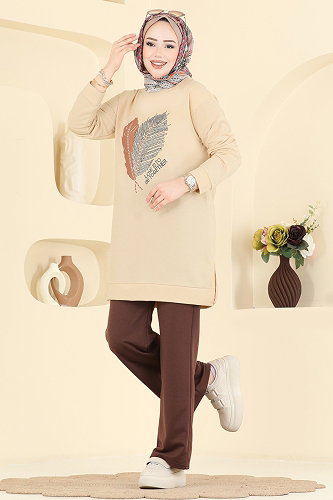moda selvim Baskı Detaylı İki İplik Takım 8040UZ662 Taş&Kahve - Thumbnail