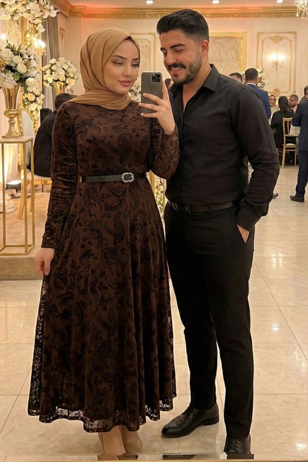 Modaselvim Elbise Baskı Detaylı Kemerli Elbise 5752EDF311 Kahve