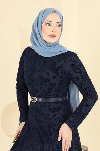 moda selvim Baskı Detaylı Kemerli Elbise 5752EDF311 Laci - Thumbnail