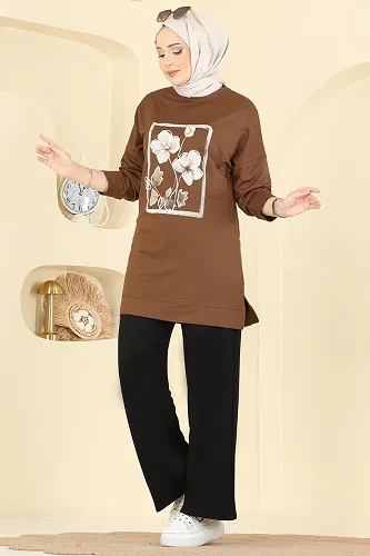 moda selvim Baskı Detaylı Kristal Takım 3998UZ662 Taba&Siyah - Thumbnail