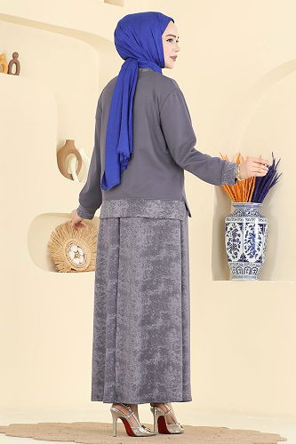 moda selvim Baskı Detaylı Modal Takım 2602TPK1167 Antrasit - Thumbnail