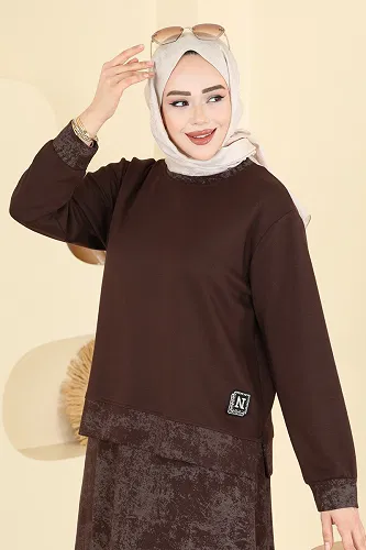 moda selvim Baskı Detaylı Modal Takım 2602TPK1167 Kahve - Thumbnail