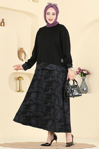 moda selvim Baskı Detaylı Modal Takım 2602TPK1167 Siyah - Thumbnail