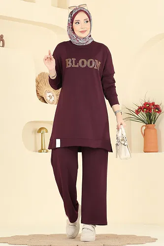 moda selvim Baskı Detaylı Modal Takım 2779AYD574 Bordo - Thumbnail