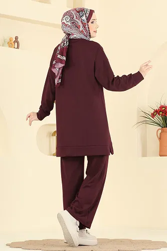 moda selvim Baskı Detaylı Modal Takım 2779AYD574 Bordo - Thumbnail