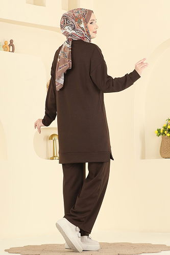 moda selvim Baskı Detaylı Modal Takım 2779AYD574 Kahve - Thumbnail