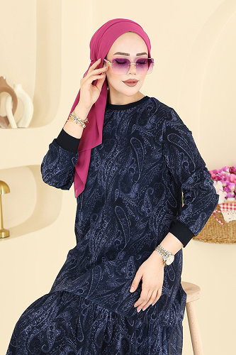 moda selvim Baskı Detaylı Şifon Elbise 6803ORG1169 Antrasit - Thumbnail