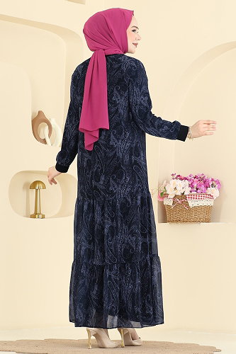 moda selvim Baskı Detaylı Şifon Elbise 6803ORG1169 Antrasit - Thumbnail