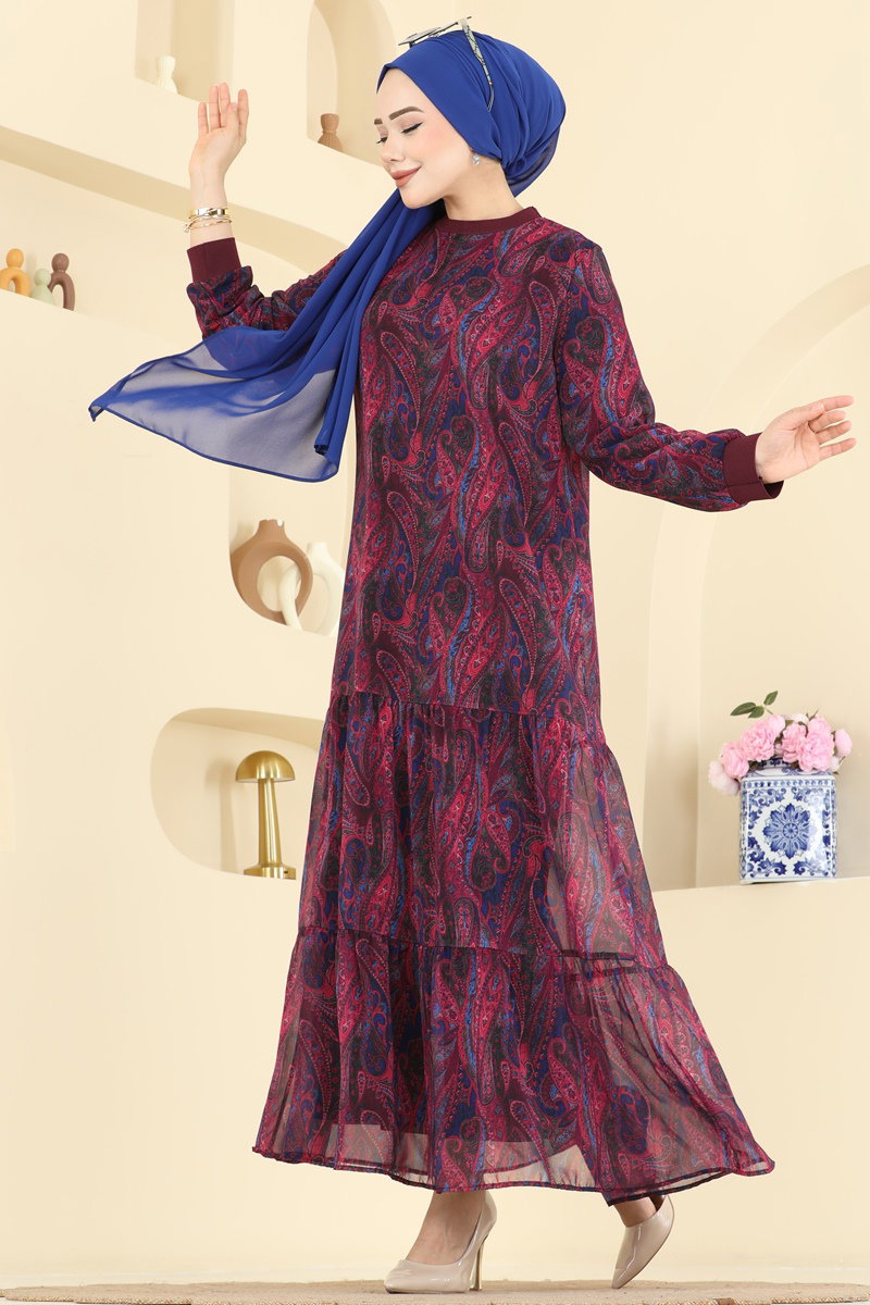 Baskı Detaylı Şifon Elbise 6803ORG1169 Bordo
