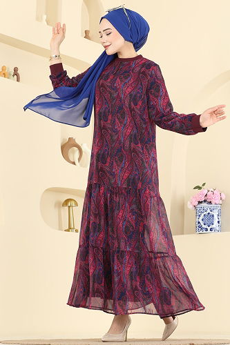 moda selvim Baskı Detaylı Şifon Elbise 6803ORG1169 Bordo - Thumbnail