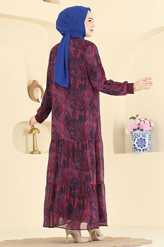 moda selvim Baskı Detaylı Şifon Elbise 6803ORG1169 Bordo - Thumbnail