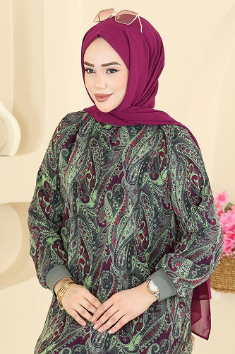 moda selvim Baskı Detaylı Şifon Elbise 6803ORG1169 Haki - Thumbnail