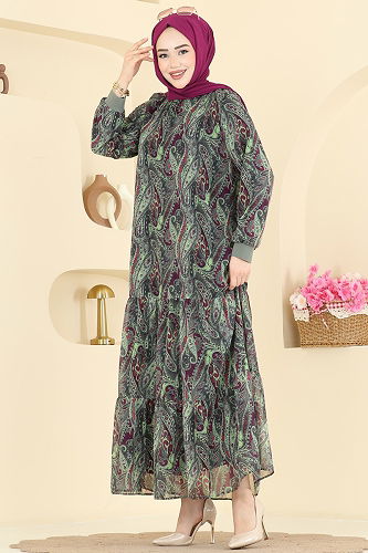 moda selvim Baskı Detaylı Şifon Elbise 6803ORG1169 Haki - Thumbnail