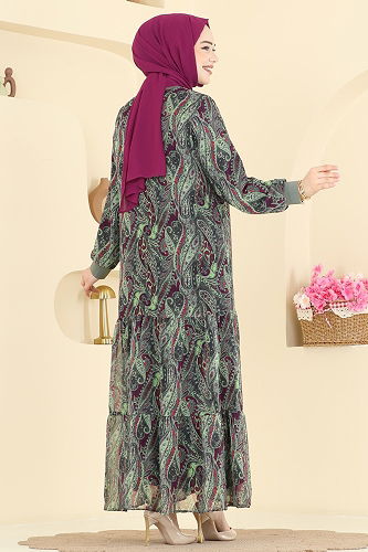 moda selvim Baskı Detaylı Şifon Elbise 6803ORG1169 Haki - Thumbnail