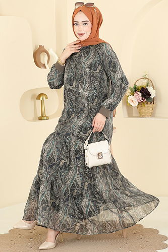 moda selvim Baskı Detaylı Şifon Elbise 6803ORG1169 Koyu Vizyon - Thumbnail