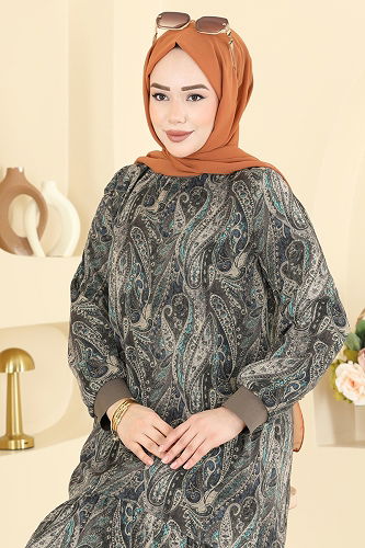 moda selvim Baskı Detaylı Şifon Elbise 6803ORG1169 Koyu Vizyon - Thumbnail