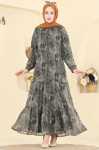 moda selvim Baskı Detaylı Şifon Elbise 6803ORG1169 Koyu Vizyon - Thumbnail