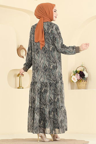 moda selvim Baskı Detaylı Şifon Elbise 6803ORG1169 Koyu Vizyon - Thumbnail