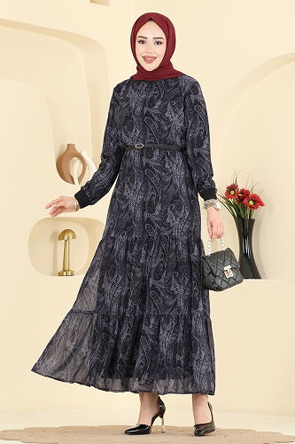 moda selvim Baskı Detaylı Şifon Elbise 6803ORG1169 Siyah - Thumbnail