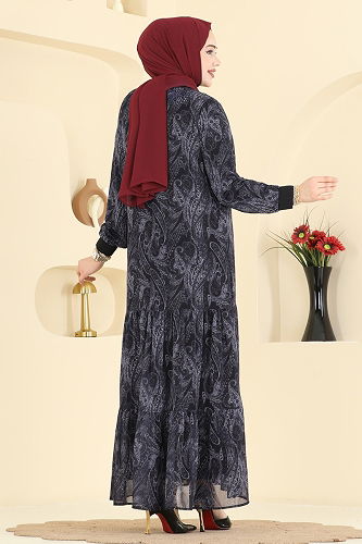 moda selvim Baskı Detaylı Şifon Elbise 6803ORG1169 Siyah - Thumbnail