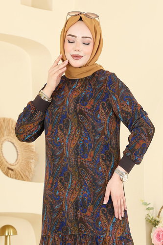 moda selvim Baskı Detaylı Şifon Elbise 6803ORG1169 Yağ Yeşili - Thumbnail