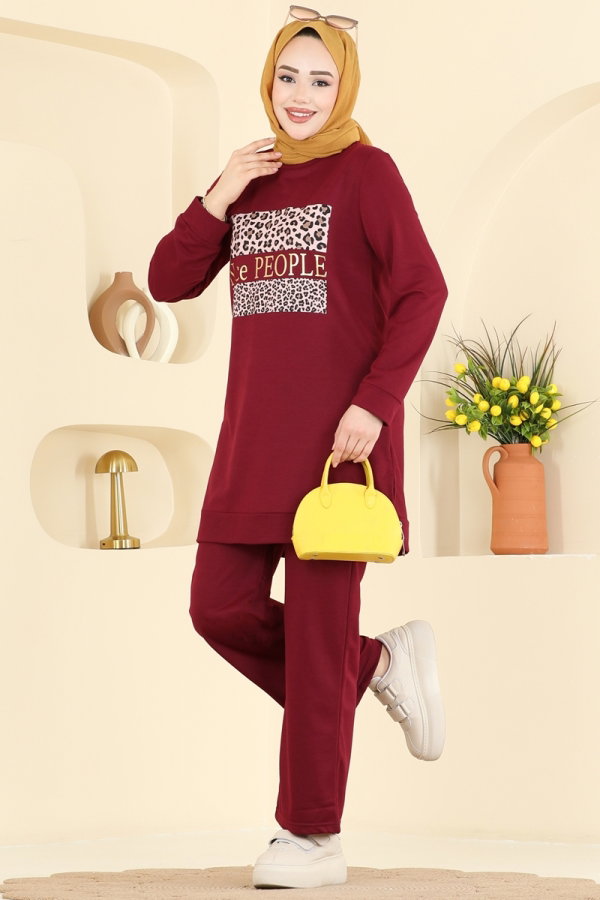 Modaselvim %20+%70 İNDİRİM Baskı Detaylı Spor Takım 8050UZ662 Bordo