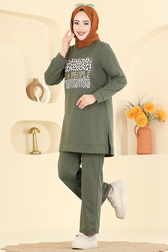 moda selvim Baskı Detaylı Spor Takım 8050UZ662 Haki - Thumbnail