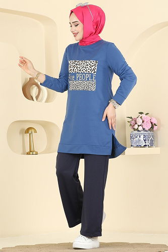 moda selvim Baskı Detaylı Spor Takım 8050UZ662 İndigo&Laci - Thumbnail