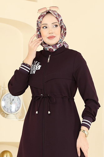 moda selvim Baskılı Belden Bağlamalı Ferace 2843SLK540 Mürdüm - Thumbnail