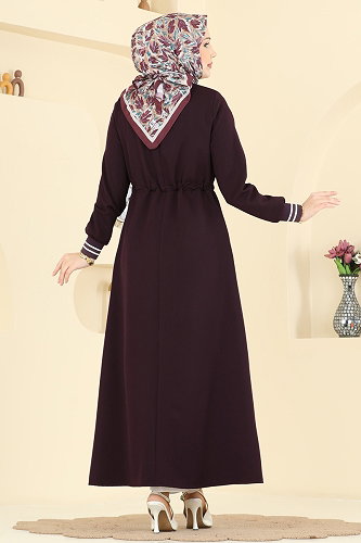 moda selvim Baskılı Belden Bağlamalı Ferace 2843SLK540 Mürdüm - Thumbnail