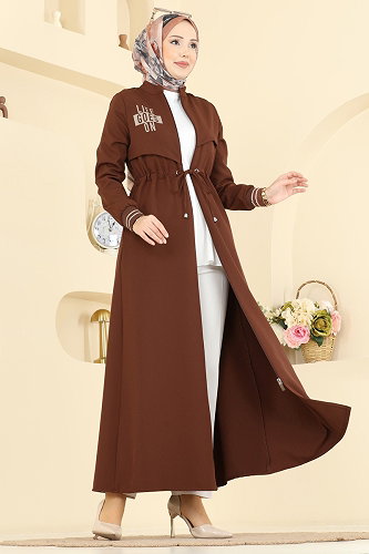 moda selvim Baskılı Belden Bağlamalı Ferace 2843SLK540 Taba - Thumbnail