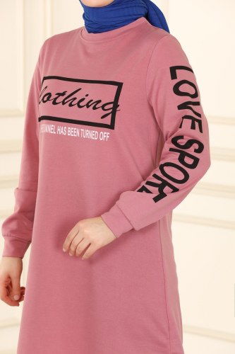 moda selvim Baskılı Spor Tunik 7045NZR779 Gül Kurusu - Thumbnail