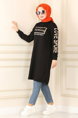 moda selvim Baskılı Spor Tunik 7045NZR779 Siyah - Thumbnail