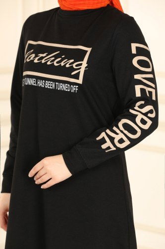 moda selvim Baskılı Spor Tunik 7045NZR779 Siyah - Thumbnail