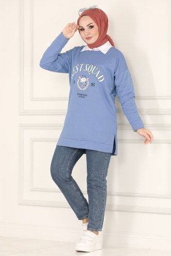 moda selvim Baskılı Tesettür Tunik 6137ANR790 Mavi - Thumbnail