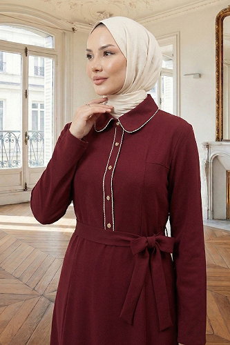 moda selvim Bebe Yaka Düğmeli Elbise 9221PL940-M Bordo - Thumbnail