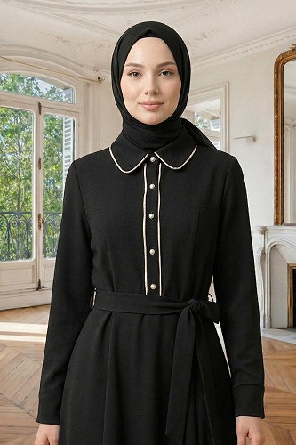 moda selvim Bebe Yaka Düğmeli Elbise 9221PL940-M Siyah - Thumbnail