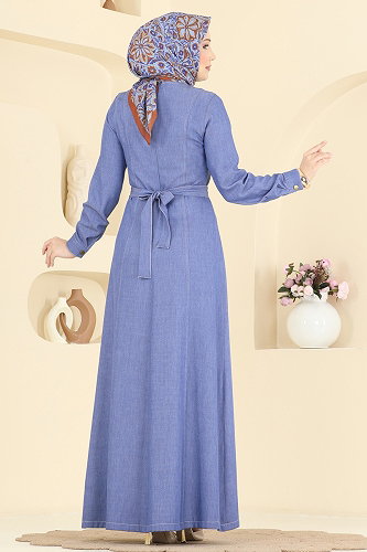 moda selvim Bebe Yaka Tensel Elbise 4112FVN1181 Koyu Mavi - Thumbnail
