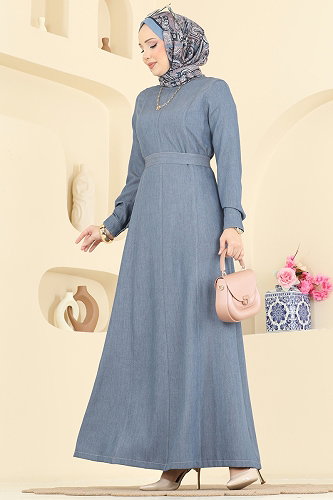moda selvim Bebe Yaka Tensel Elbise 4112FVN1181 Mavi - Thumbnail