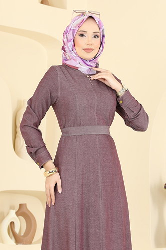 moda selvim Bebe Yaka Tensel Elbise 4112FVN1181 Mürdüm - Thumbnail